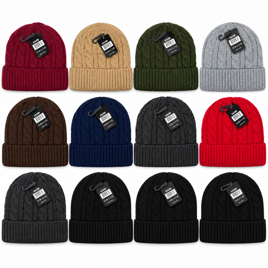Complete 12-hat cable knit beanie pack: three black, two charcoal gray, and one each burgundy, tan, olive, light gray, brown, navy and red.