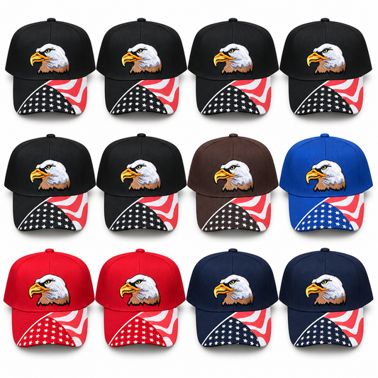 Twelve eagle embroidered caps with flag patterned brims in black, brown, royal blue, red and navy