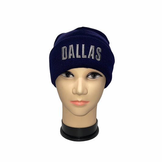 Navy Dallas embroidered beanie on a mannequin