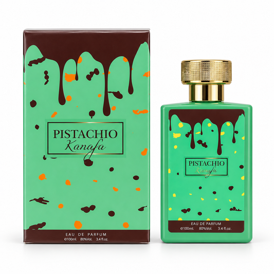 Pistachio Konafa Eau de Parfum – 100 ml bottle standing beside its matching box on a white background