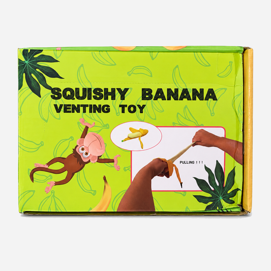 Yellow and green display box for banana-shaped squishy toys