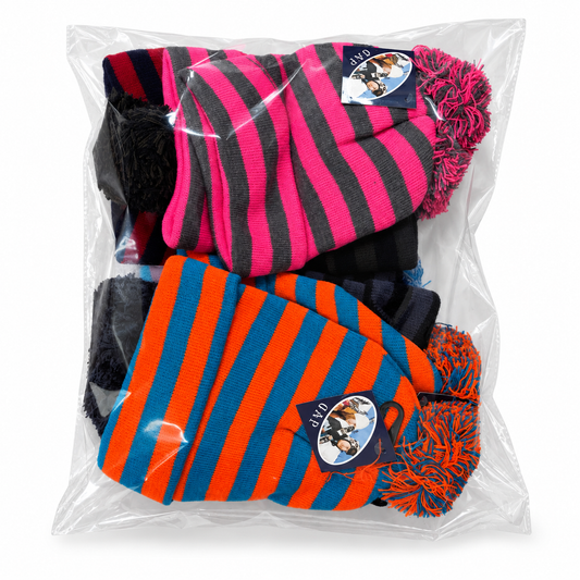Assorted striped pom-pom beanies in clear bag packaging