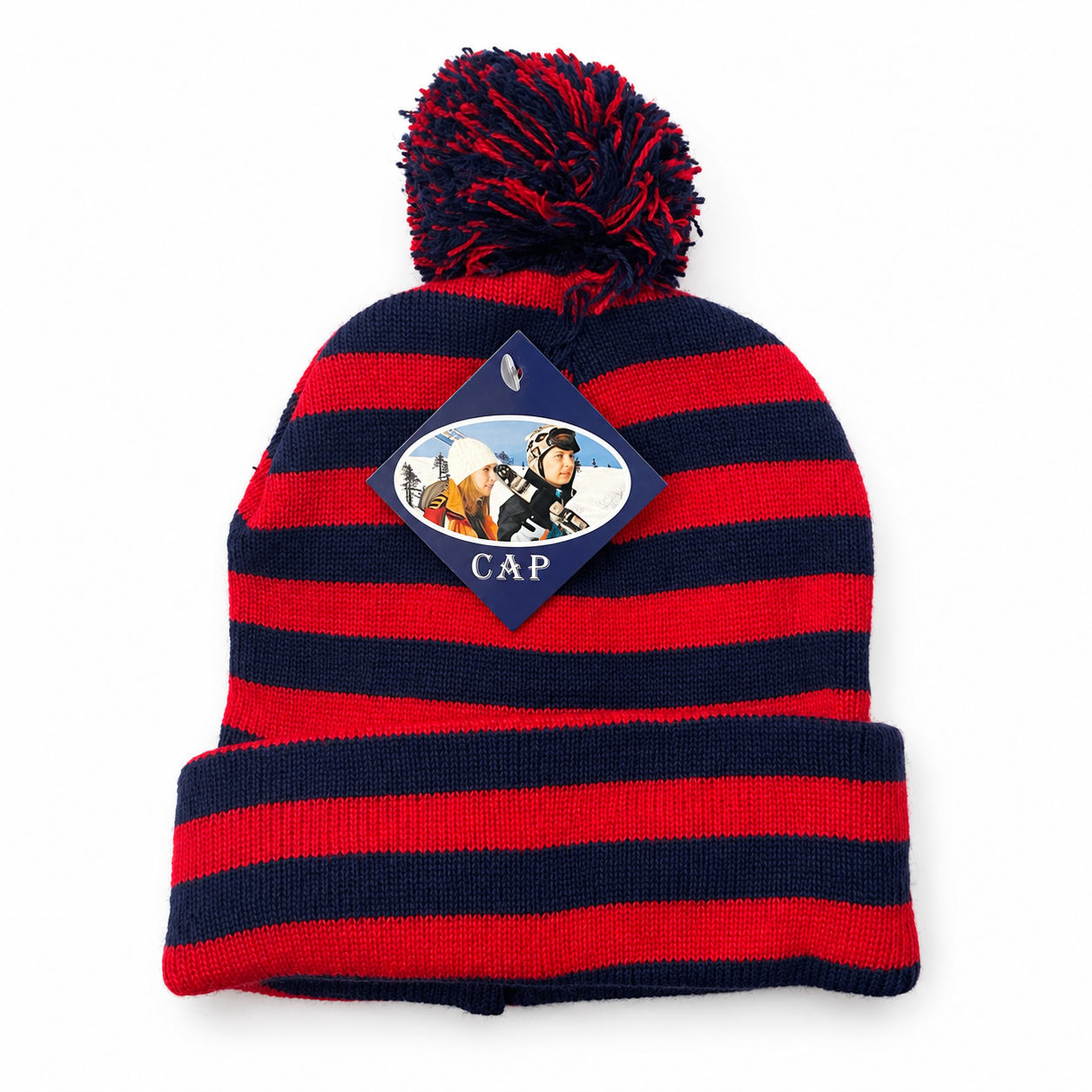 Striped pom-pom knit beanie in red and navy