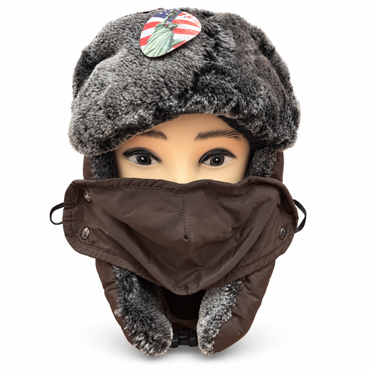 Ushanka hat with brown face covering and gray furry trim on a mannequin, front view
