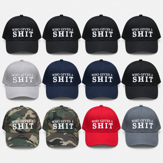 Twelve Who Gives a Shit embroidered caps in assorted colors on a light gray background