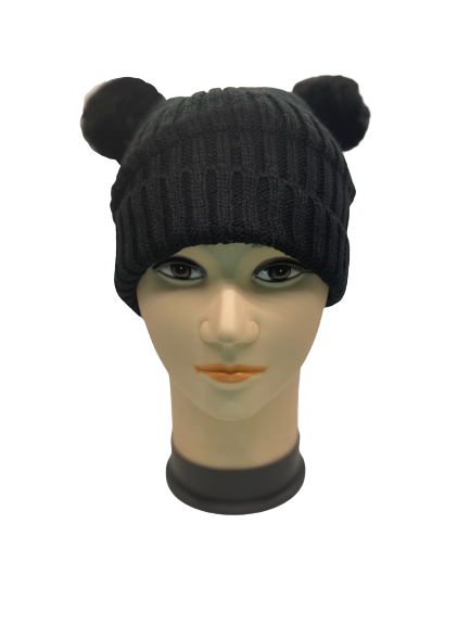 "Black blue kid's toboggan hat with a quilted texture and a drawstring closure"