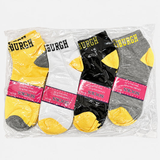 Packaged women’s Pittsburgh ankle socks in black, white, gray and yellow