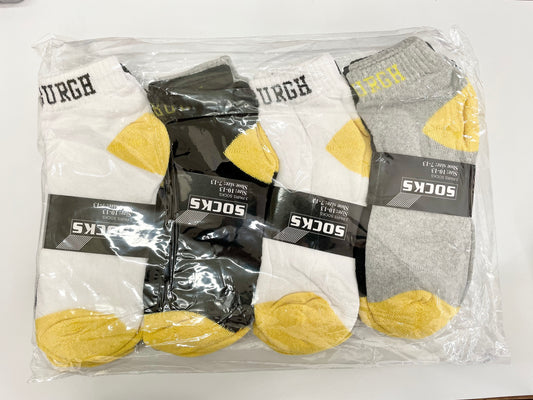 "Black men's Pittsburgh socks with a padded footbed and a stretchy fit"