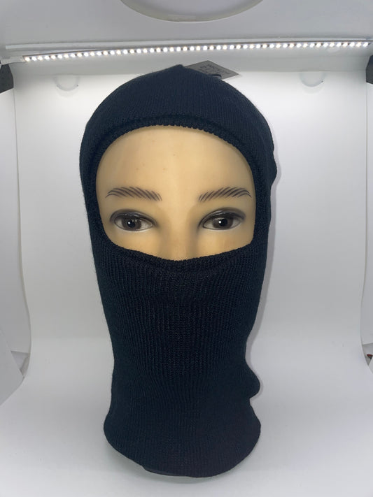 "Black ski mask with a padded footbed and a stretchy fit"