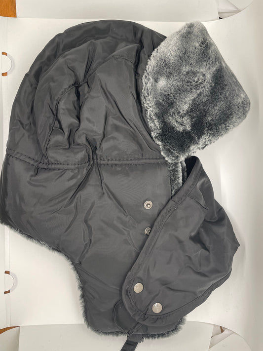 "black ushanka hat with mask and a quilted texture"