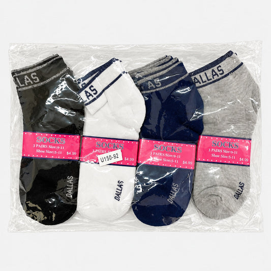 Packaged women’s Dallas socks in black, white, navy and gray