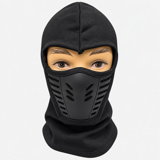 Black full face mask with ventilated lower-face panel on a mannequin, light gray background