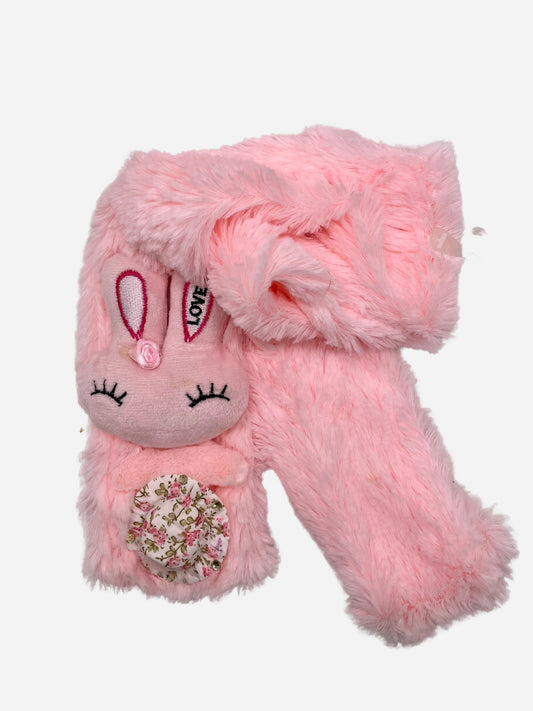 "Pink kid's scarf with a knit flower detail and a fold-over cuff"