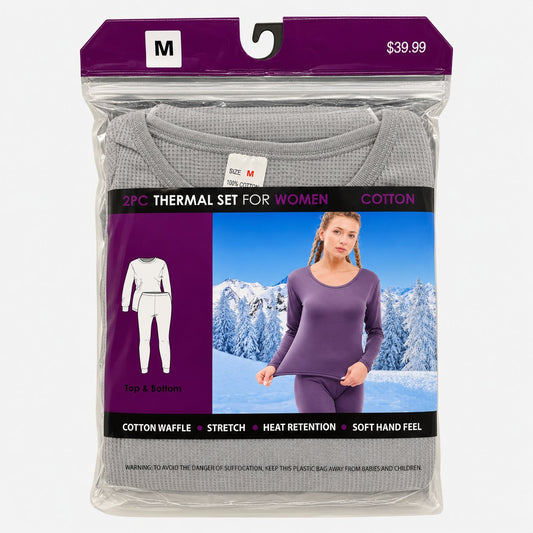 Gray women's thermal underwear in retail packaging
