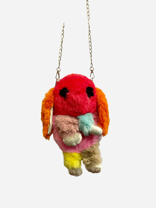 "Pink rabbit plush crossbody bag with a padded headband and a stretchy fit"