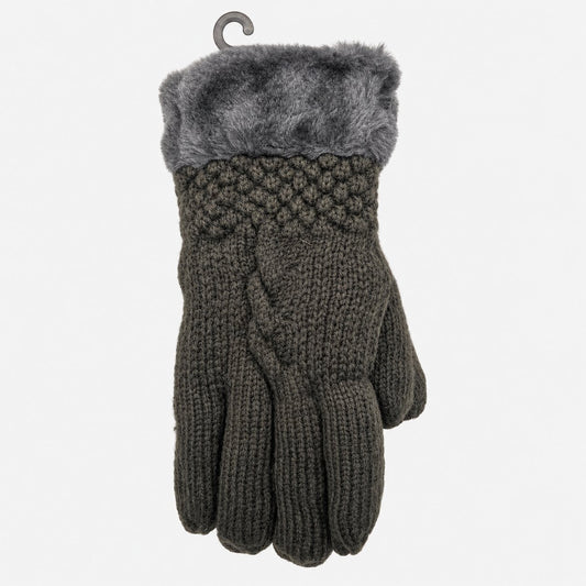 Gray cable-knit winter gloves with fuzzy cuffs