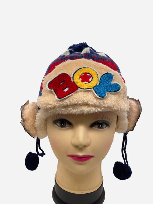 "Navy blue kid's winter hat with a quilted texture and a drawstring closure"