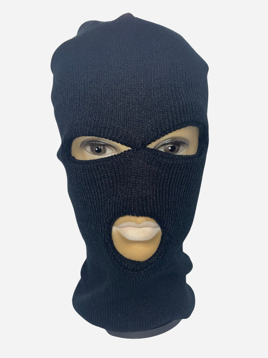 "Black ski mask with a padded footbed and a stretchy fit"