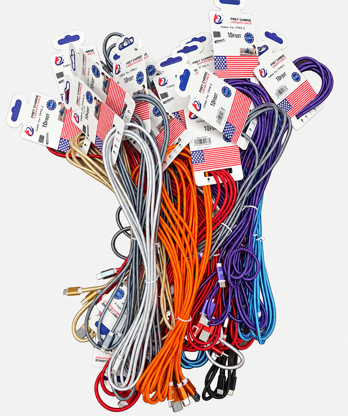 Assorted 10-foot braided charging cords; sold individually by the listed connector type