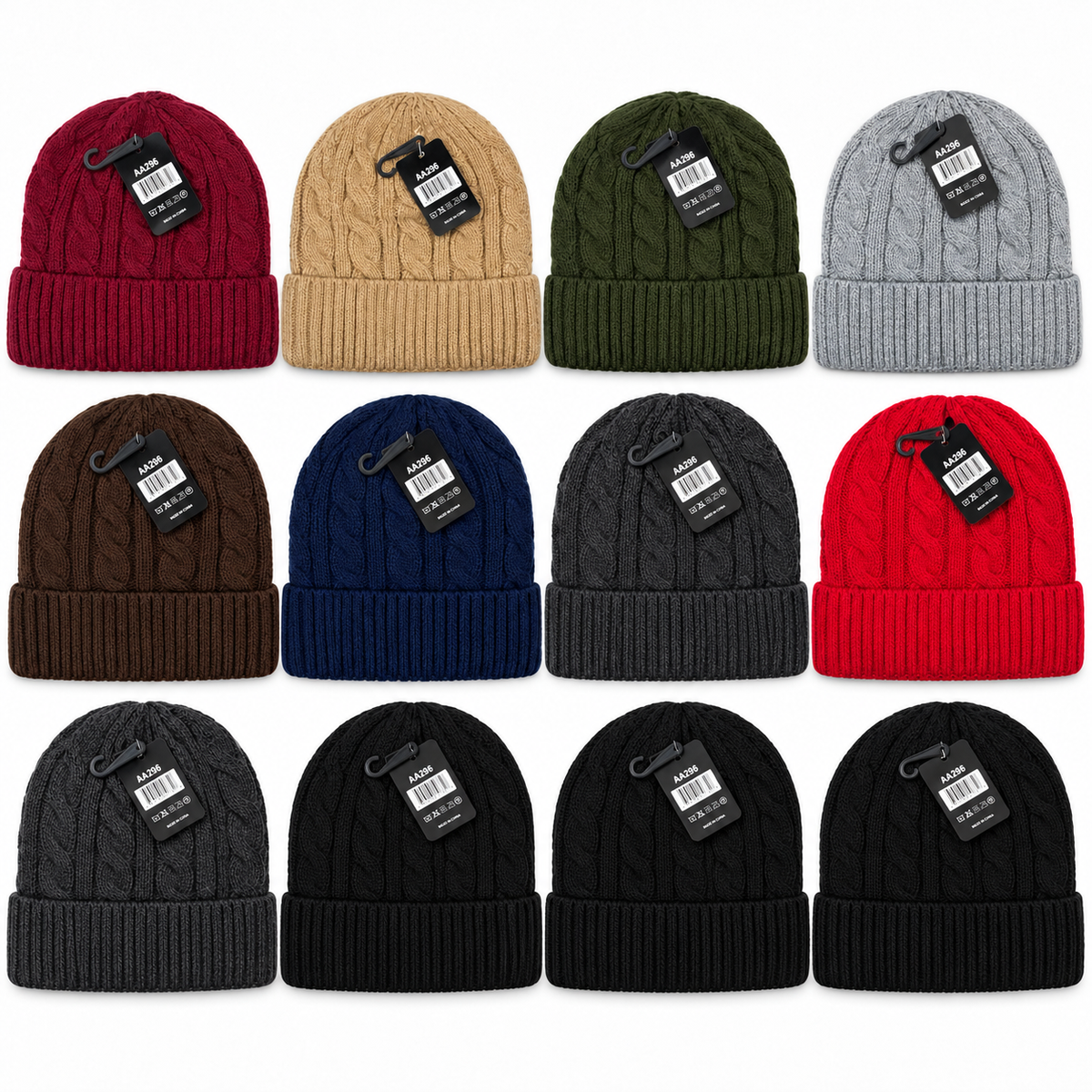 Complete 12-hat cable knit beanie pack: three black, two charcoal gray, and one each burgundy, tan, olive, light gray, brown, navy and red.