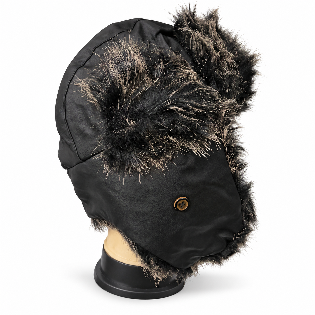 Black trapper hat, angled view showing ear flap and button