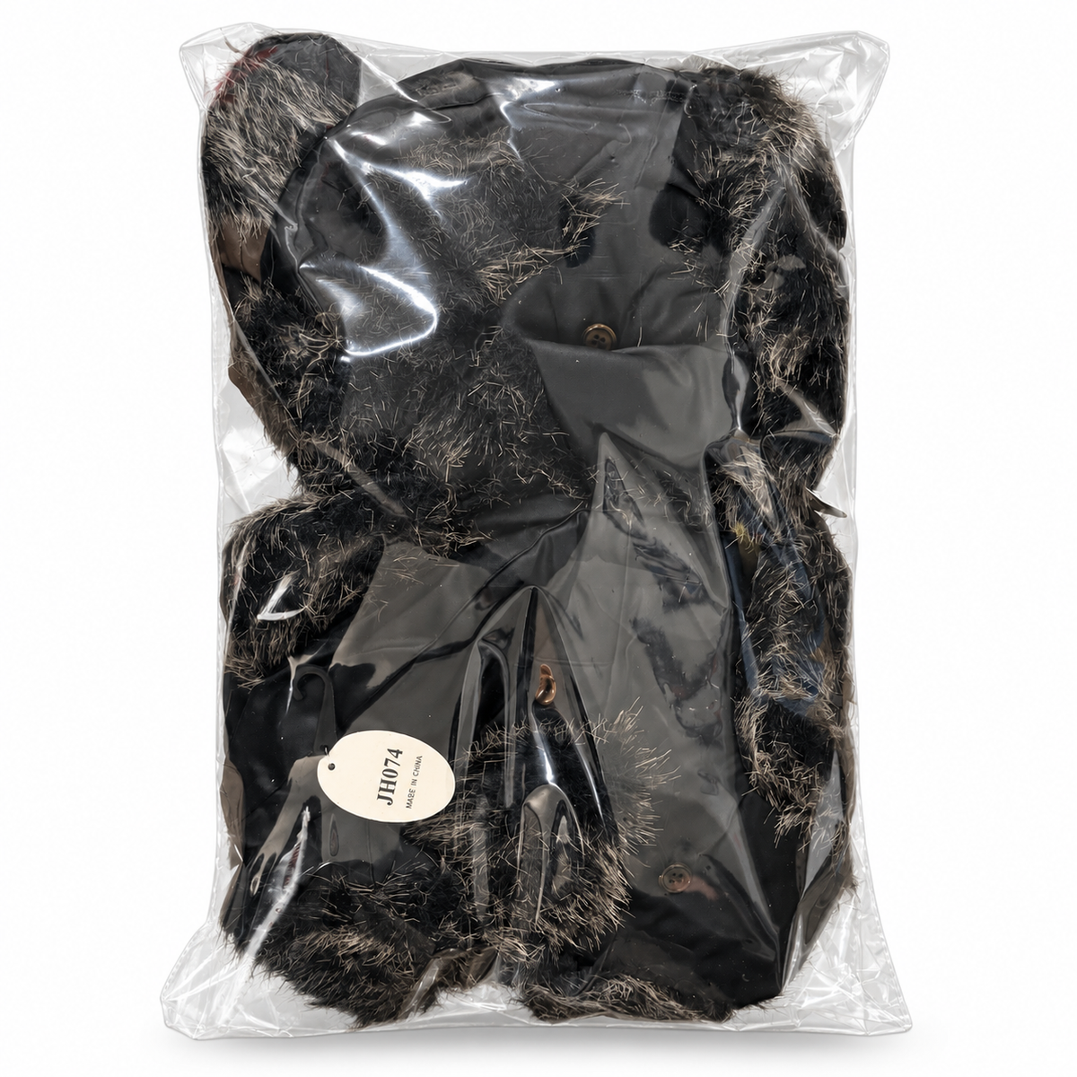 Black trapper hats in clear bag packaging