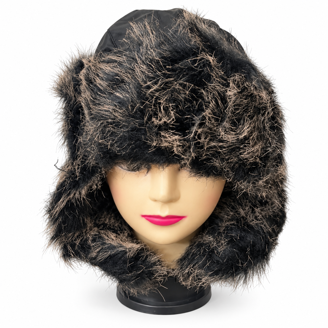 Black trapper hat with contrasting furry trim, front view