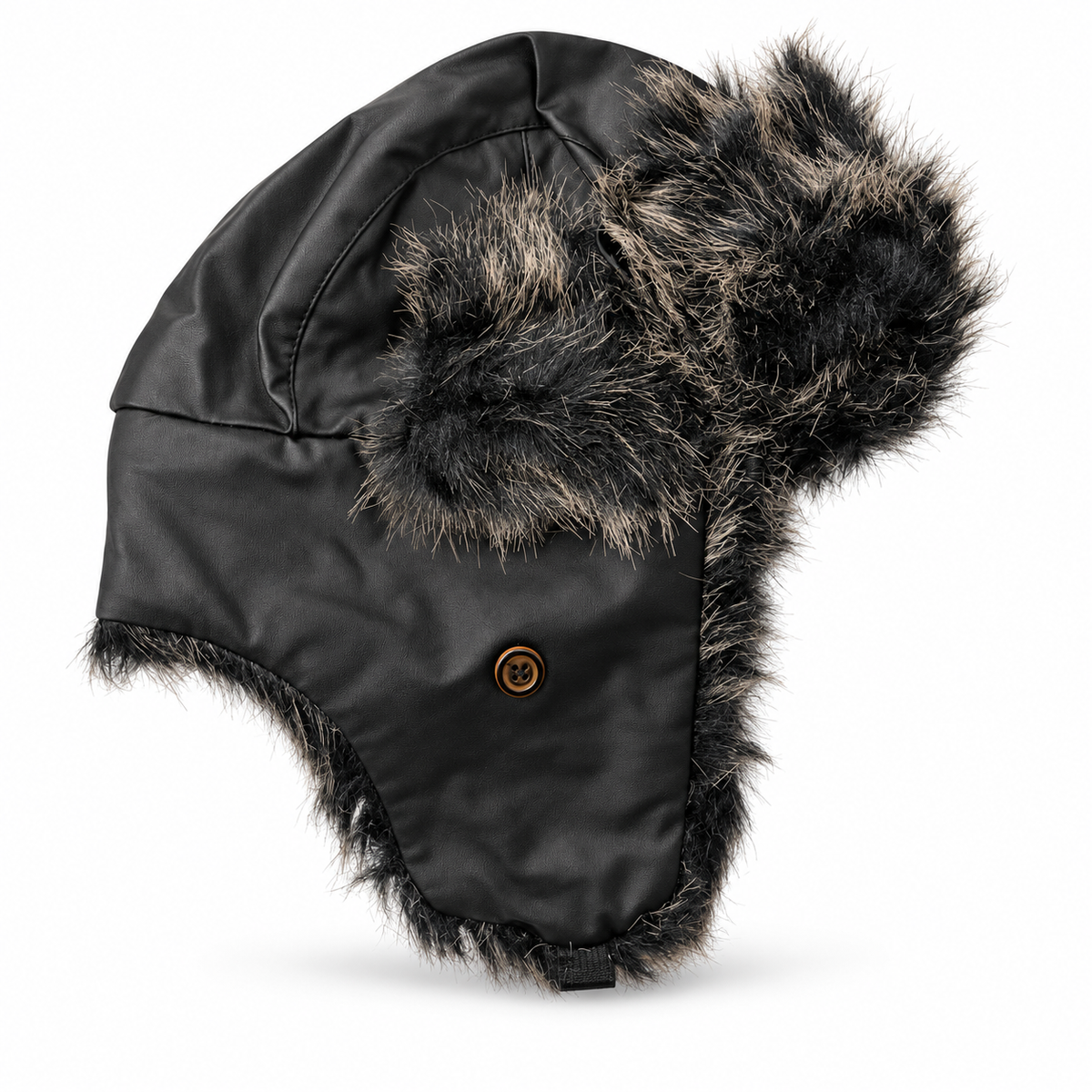 Black trapper hat, side profile