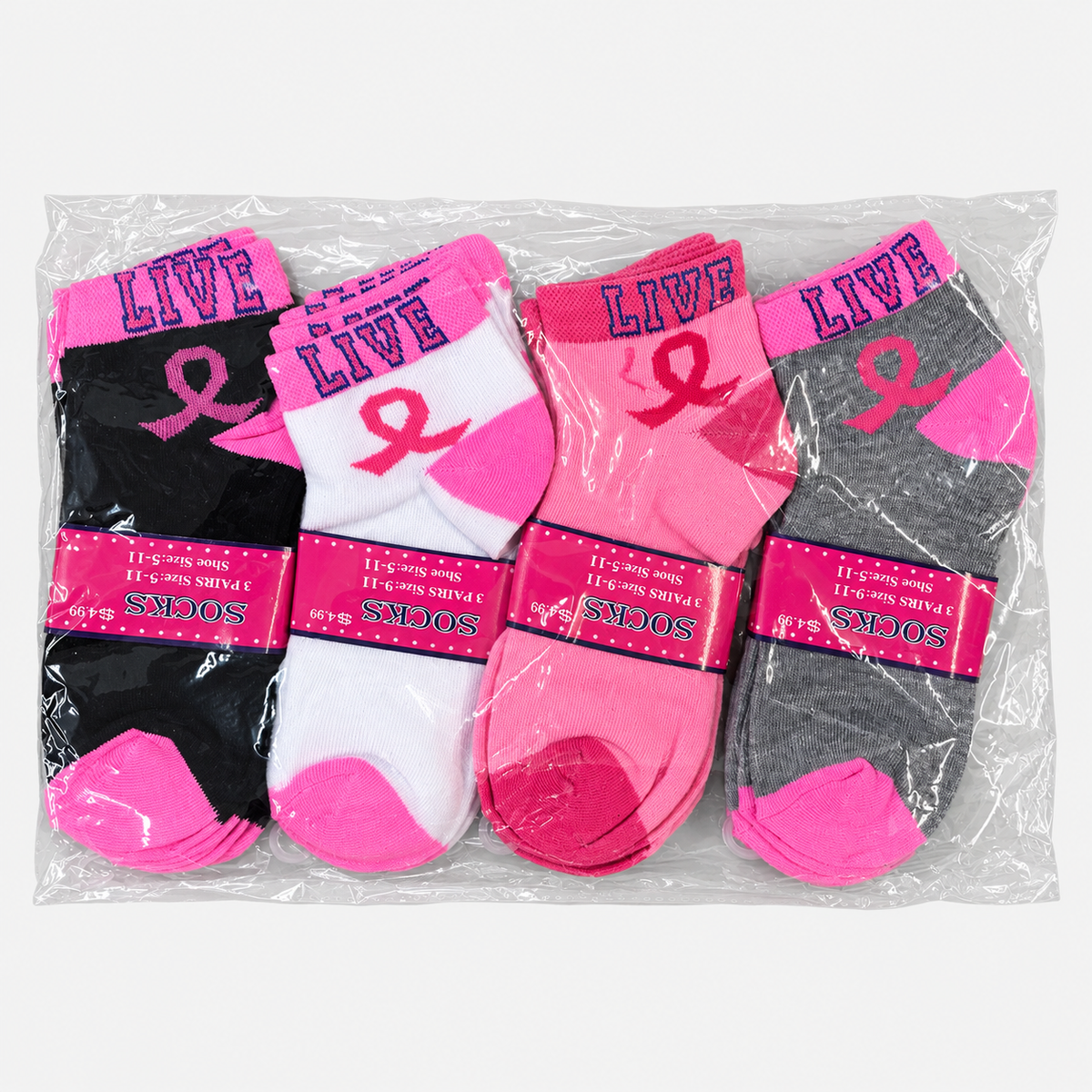 Breast cancer awareness ankle socks in black, white, pink and gray, 12-pair pack
