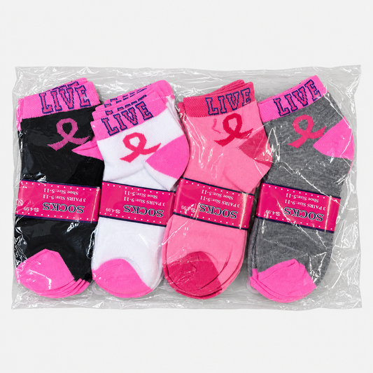 Breast cancer awareness ankle socks in black, white, pink and gray, 12-pair pack
