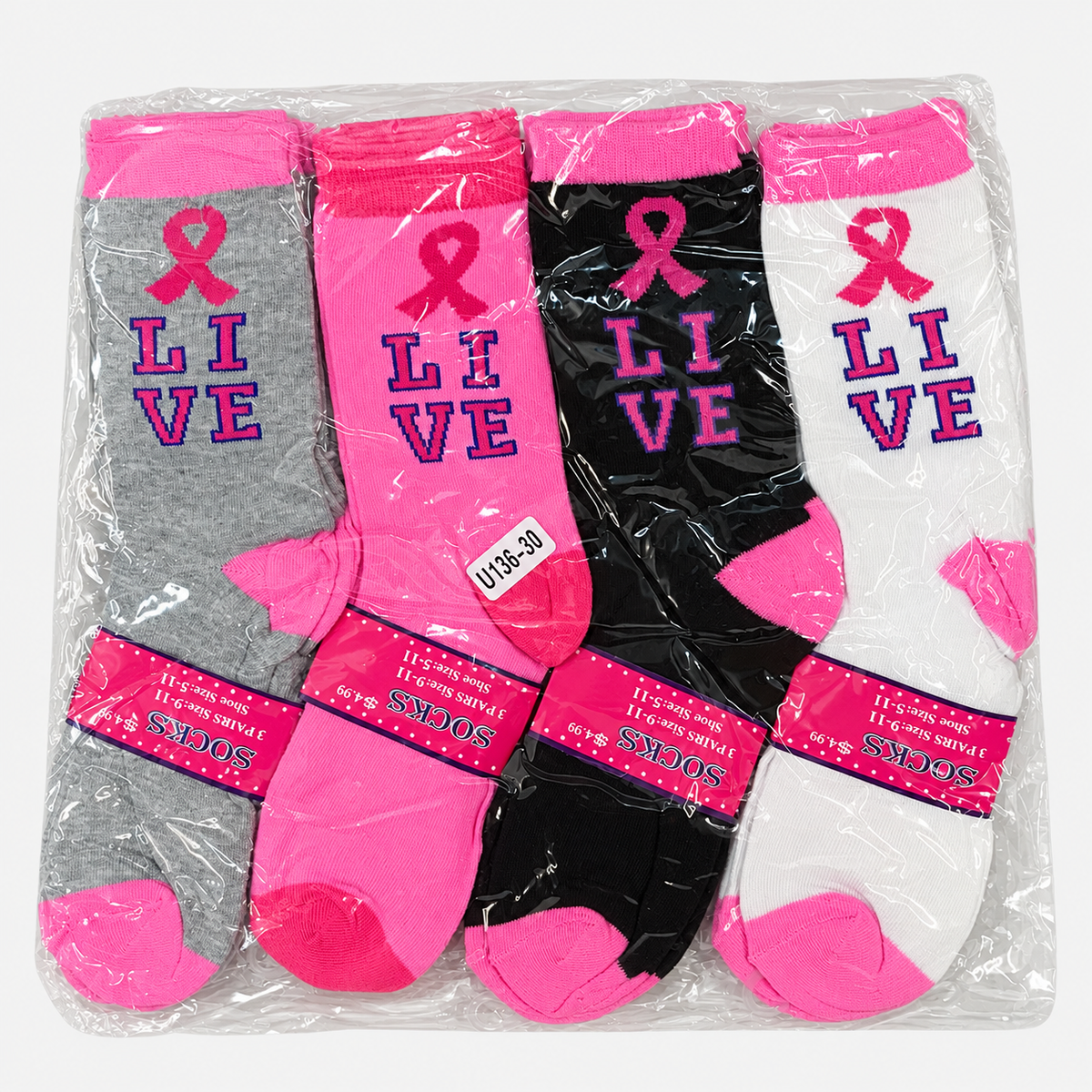 Breast cancer awareness crew socks in gray, pink, black and white, 12-pair pack