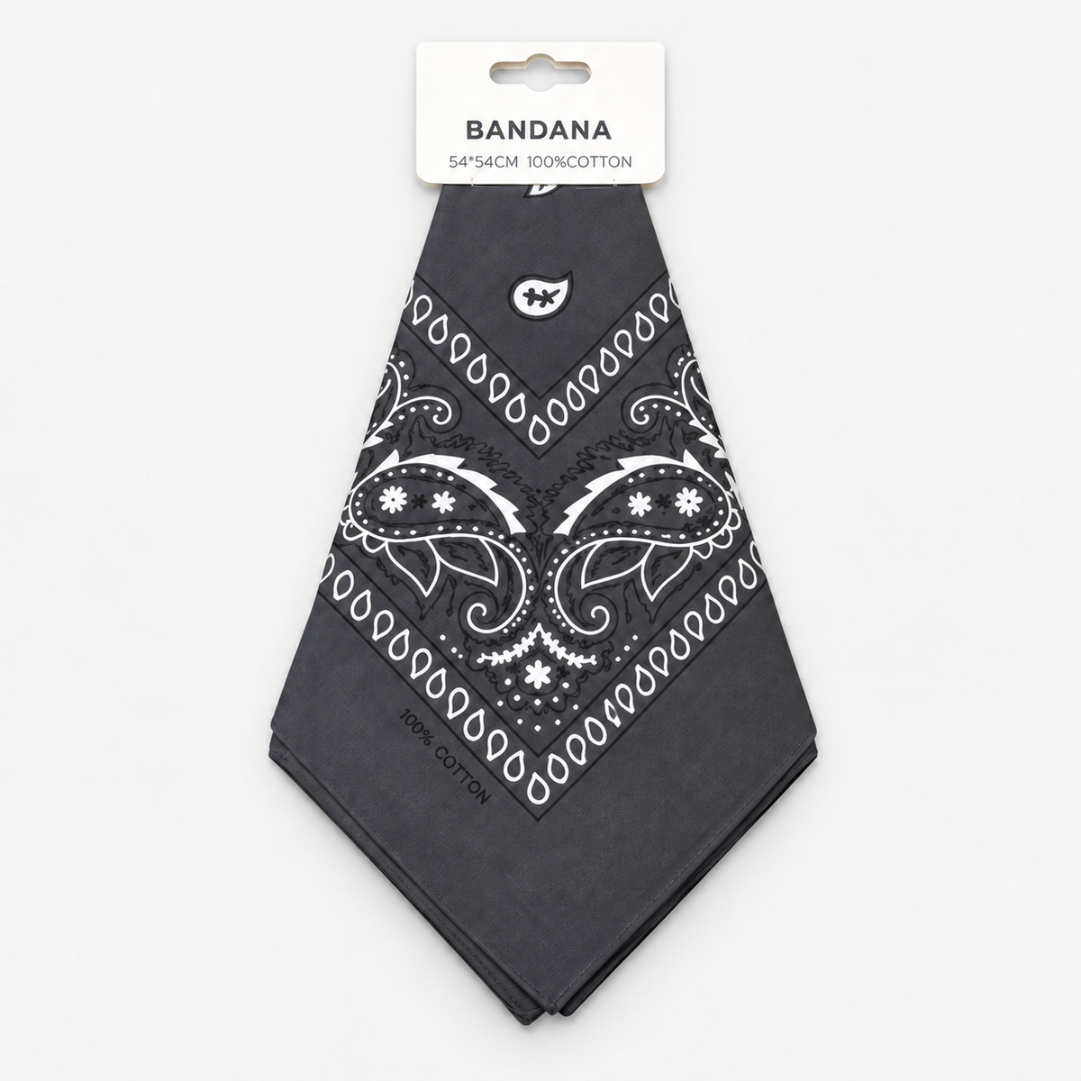 One gray cotton paisley bandana with retail hang tag on a light gray background.