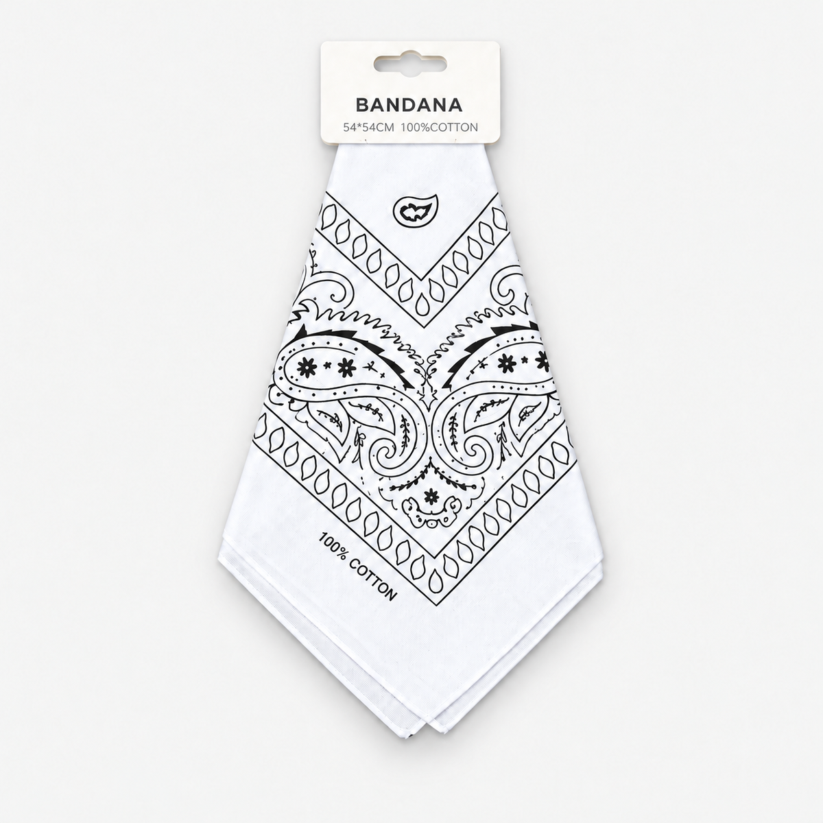One white cotton paisley bandana with retail hang tag on a light gray background.