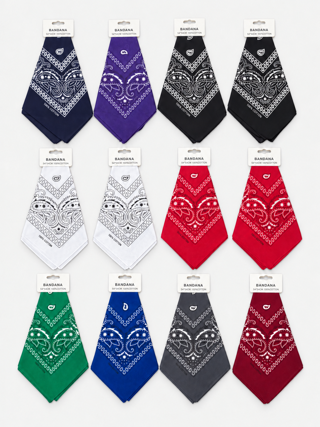 Complete 12-bandana assortment: navy, purple, two black, two white, two red, green, royal blue, gray and burgundy.