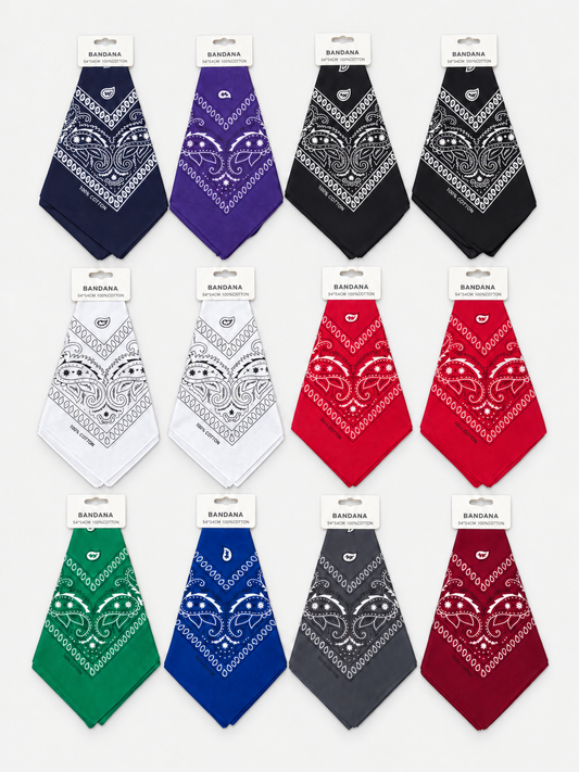 Complete 12-bandana assortment: navy, purple, two black, two white, two red, green, royal blue, gray and burgundy.