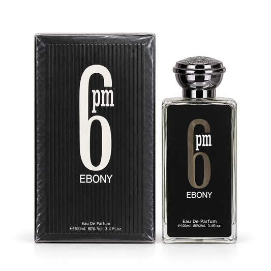 6 PM Ebony Eau de Parfum – 100 ml bottle standing beside its matching box on a white background