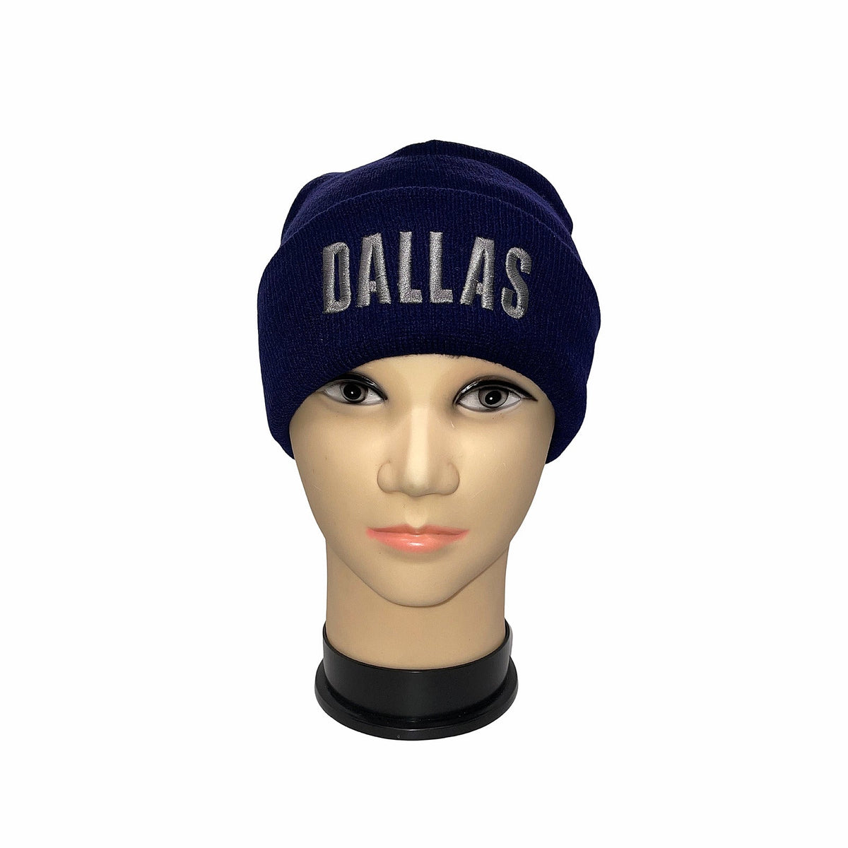 Navy Dallas embroidered beanie on a mannequin