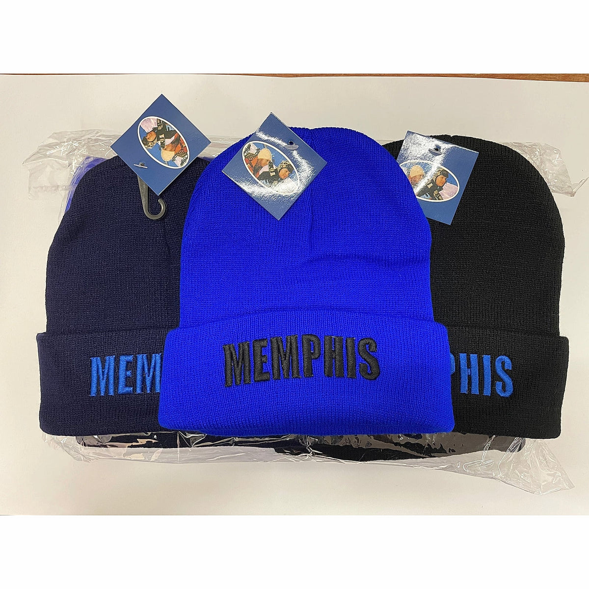 Memphis embroidered beanies in blue and dark shades