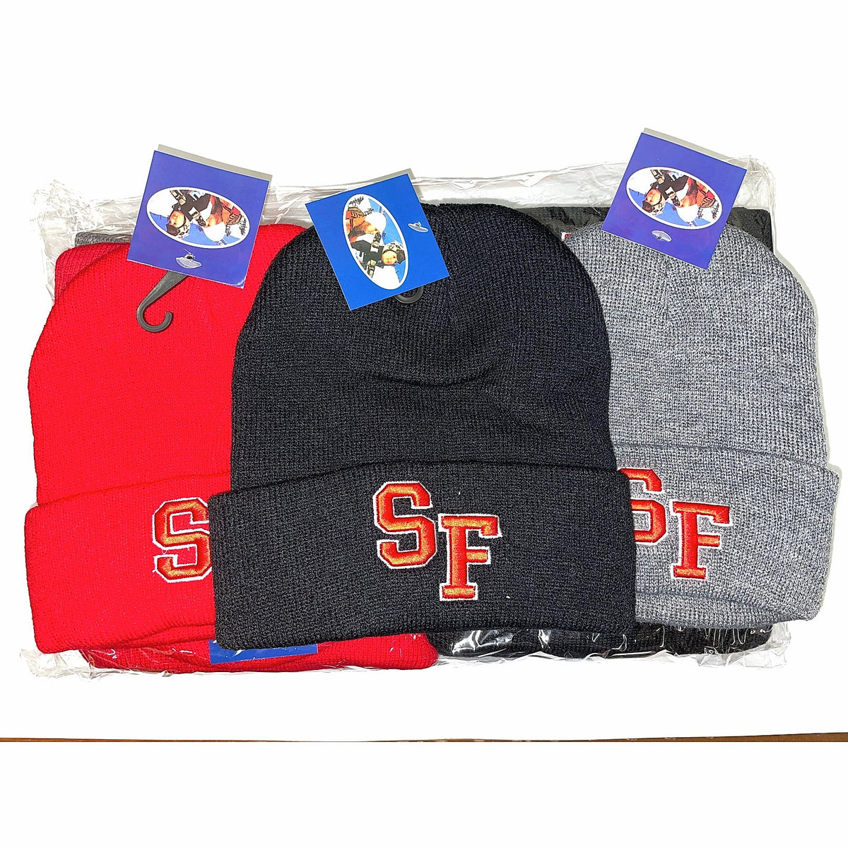 SF embroidered beanies in red, black and gray