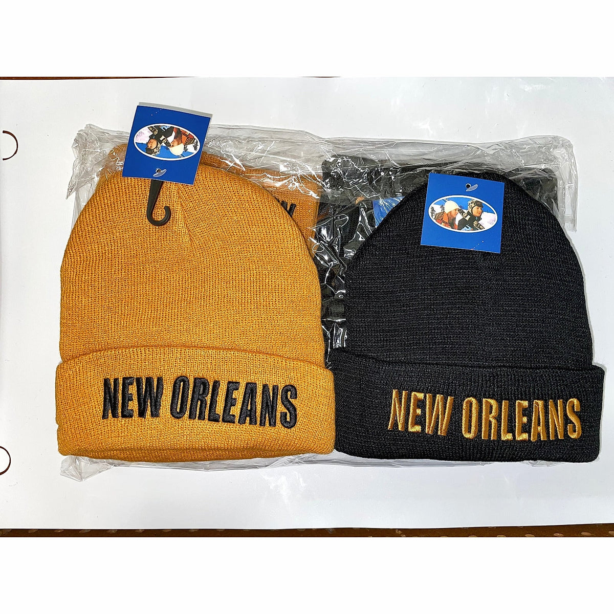 New Orleans embroidered beanies in gold and black