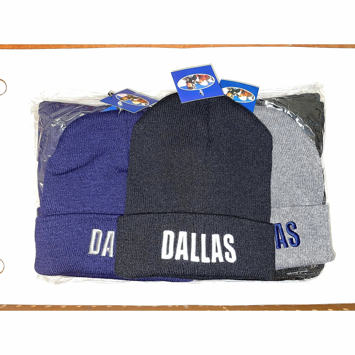 Dallas embroidered beanies in navy and gray