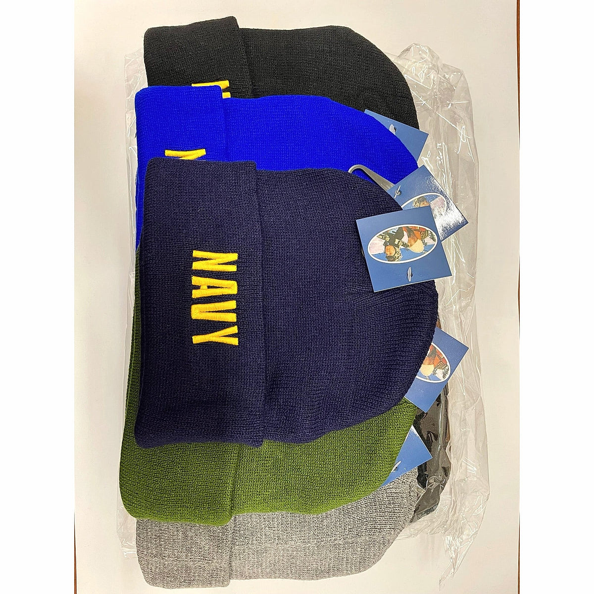 Navy embroidered beanies in several colors