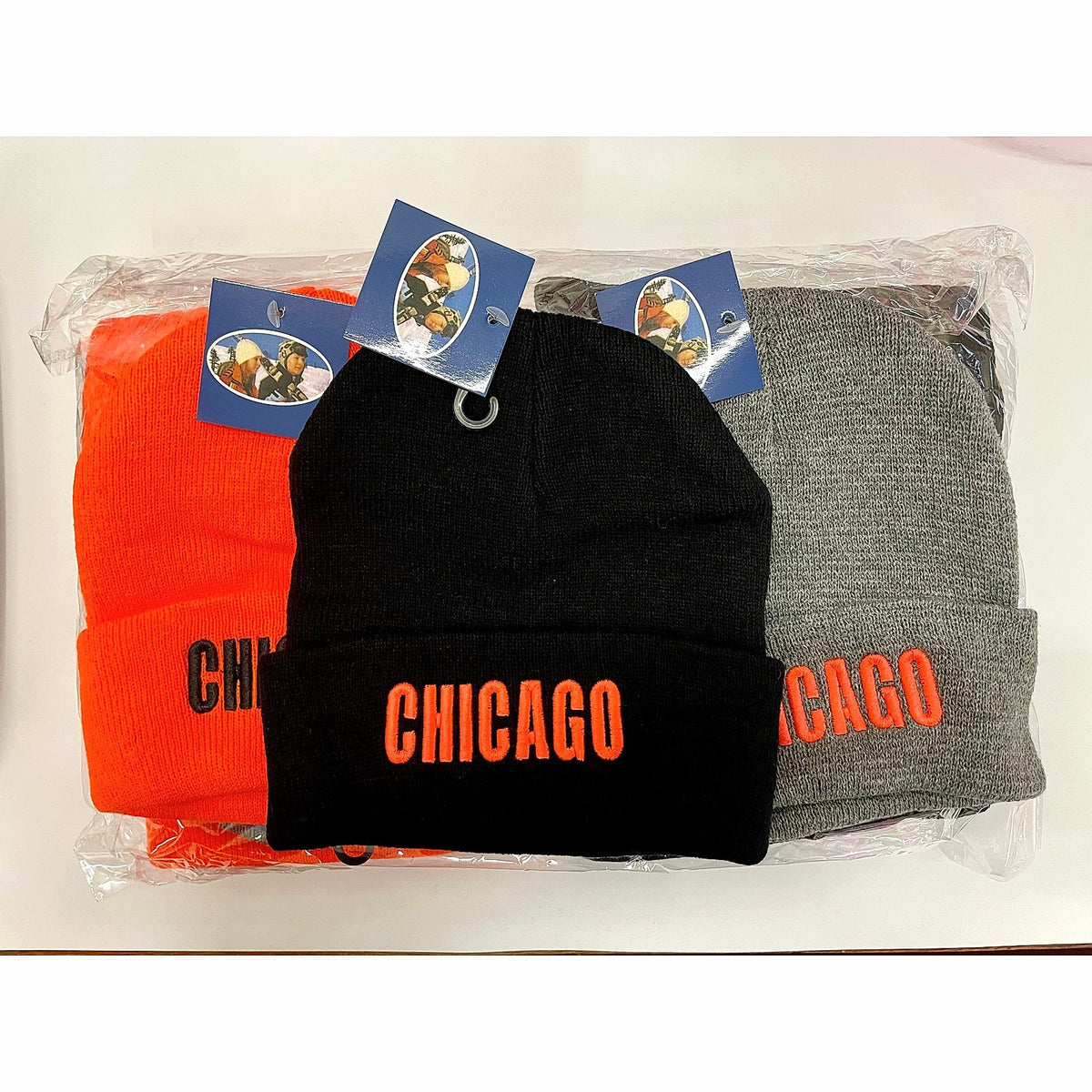 Chicago embroidered beanies in orange, black and gray