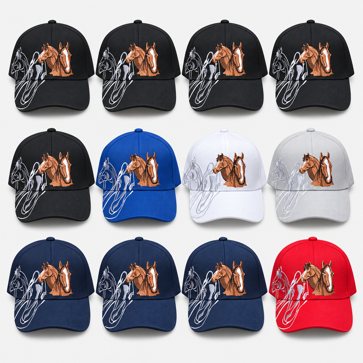 Twelve horse embroidered baseball caps in black, royal blue, white, light gray, navy and red on a light gray background