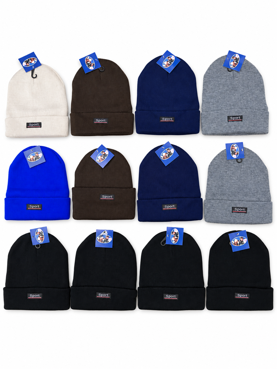 Twelve assorted Sport cuffed knit beanies arranged in three rows on a white background