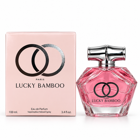 Lucky Bamboo Eau de Parfum – 100 ml bottle standing beside its matching box on a white background