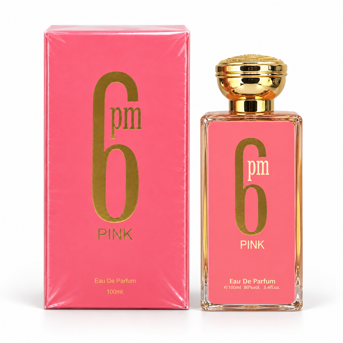 6 PM Pink Eau de Parfum – 100 ml bottle standing beside its matching box on a white background