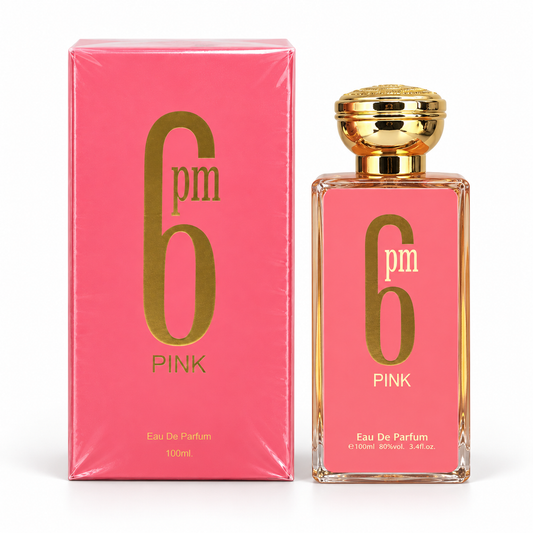6 PM Pink Eau de Parfum – 100 ml bottle standing beside its matching box on a white background