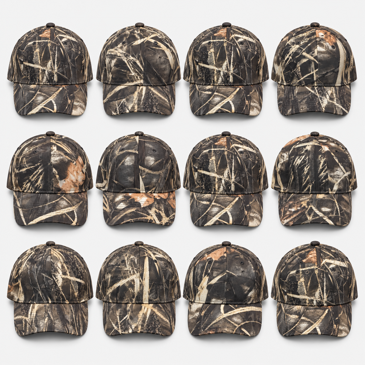 Twelve plain woodland camouflage baseball caps