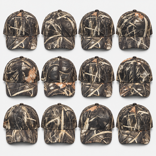 Twelve plain woodland camouflage baseball caps